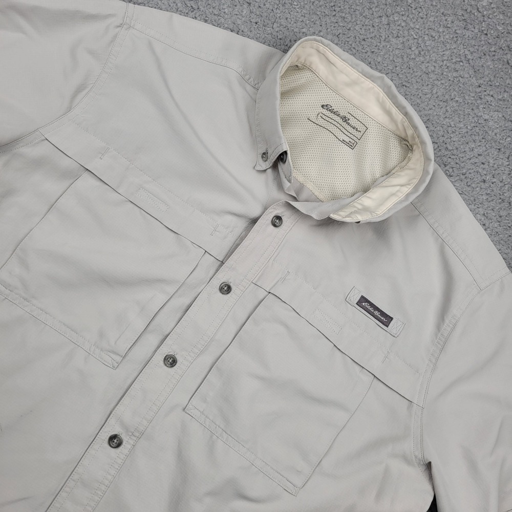 Eddie Bauer Mens Large Rip Stop Guide Button Down Short Sleeve Shirt Gray